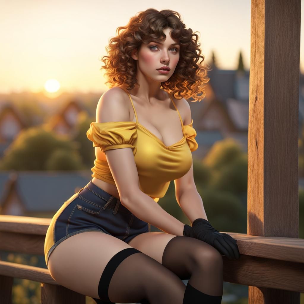 Curvy Woman on Beam in Golden Hour, 3D Render