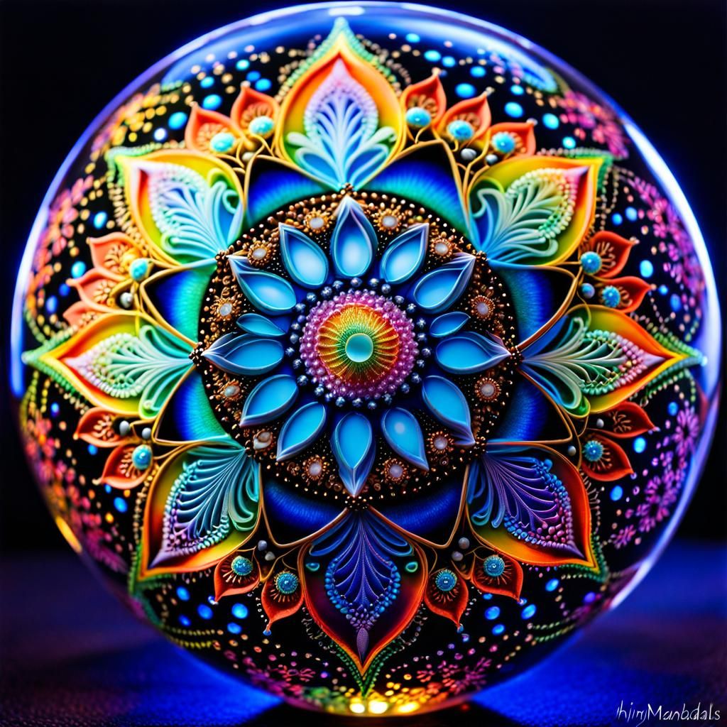 Resin Sphere with Intricate Bioluminescent Mandala Design