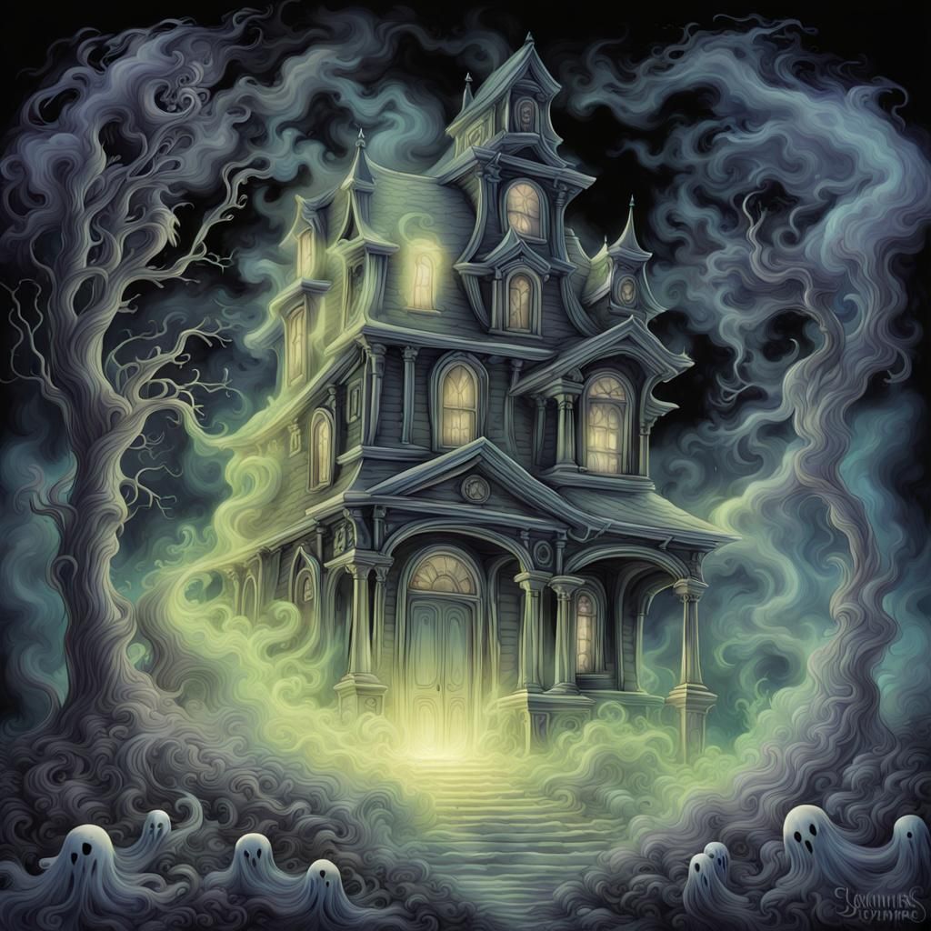 Eerie Haunted House with Glowing Portal and Ghosts