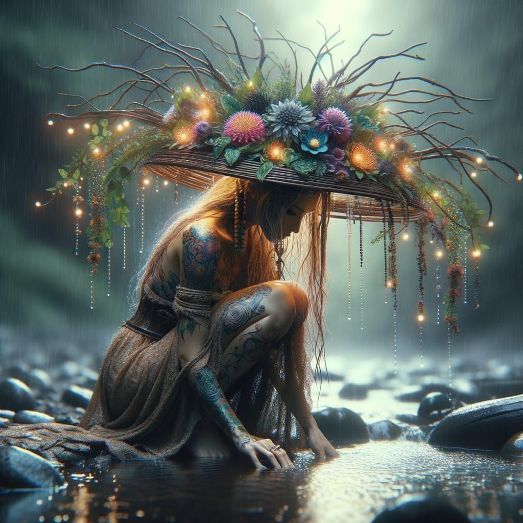 Mystical Forest Nymph in Dreamy Rainy Landscape