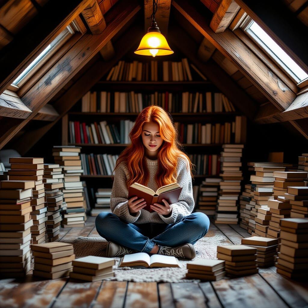 Woman Reading in Attic with Books, Photorealistic Style