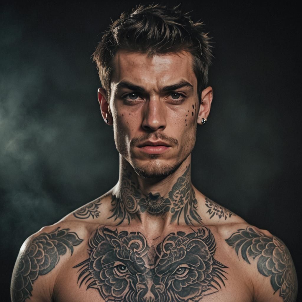 Moody Portrait of Tattooed Man in Cinematic Style