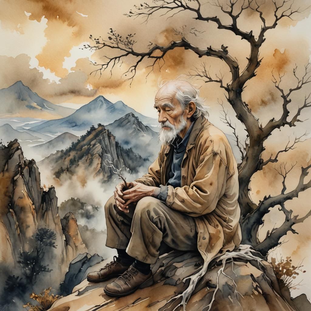Contemplative Old Man on Mountain Peak: Watercolor