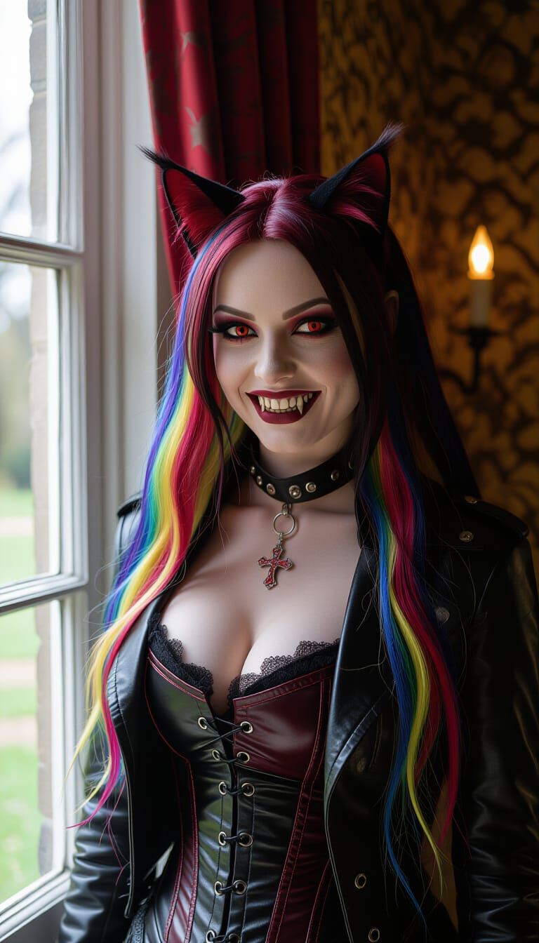 Goth Vampiress with Rainbow Hair at Mansion Window