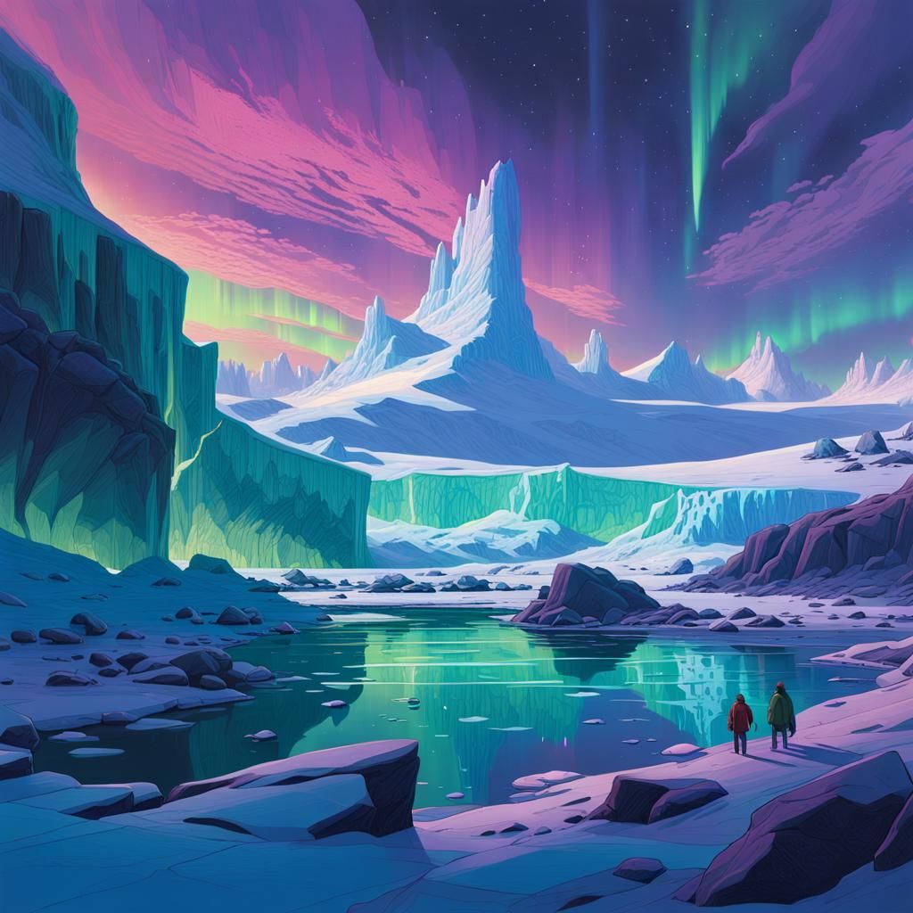 Ethereal Winter Realm: Ancient Glaciers and Northern Lights