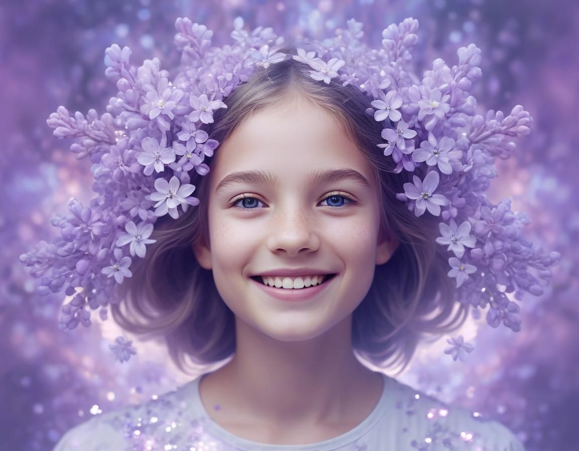 Ethereal Lilac Floral Portrait of Smiling Girl
