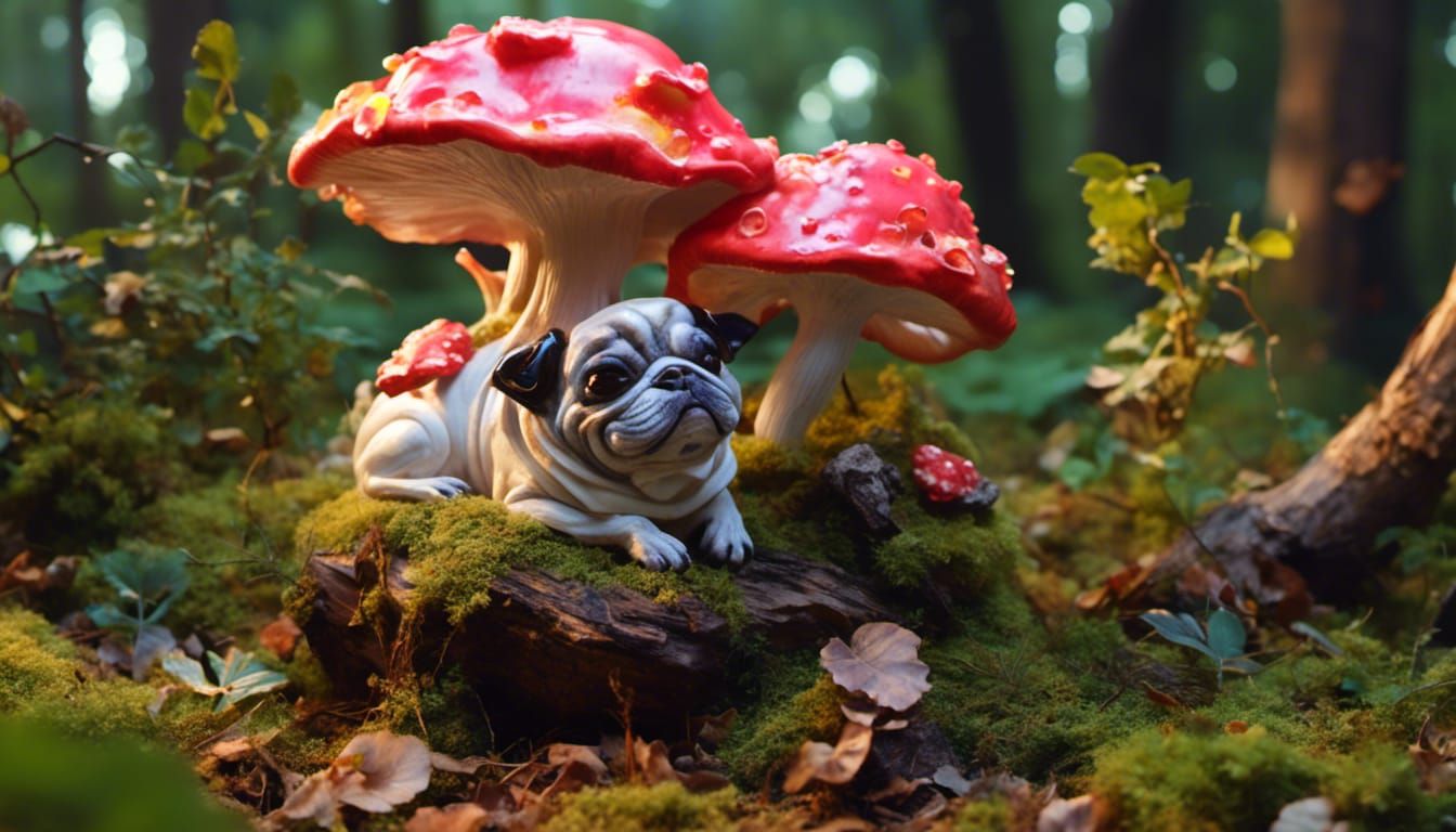 Pug Resting Under Mushroom Tree in Forest Clearing