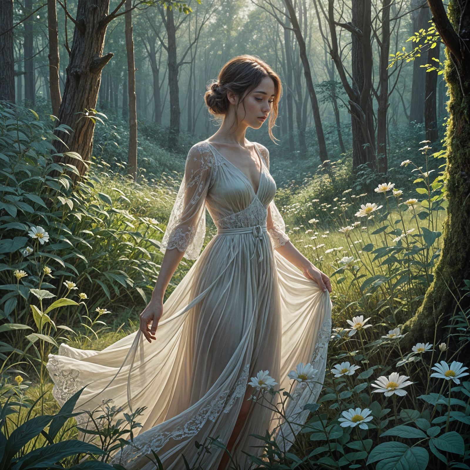 Ethereal Woman in Lush Forest, Soft Light and Delicate Touch