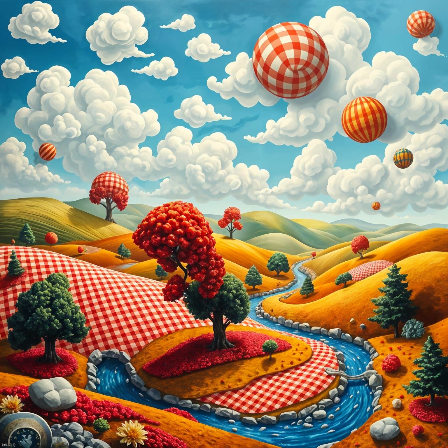 Vibrant Gingham World in a Dreamlike Landscape