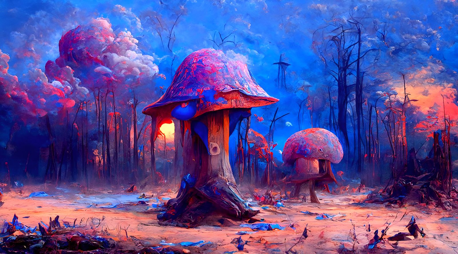 Enchanted Blue Mushroom Forest Sunset Vista