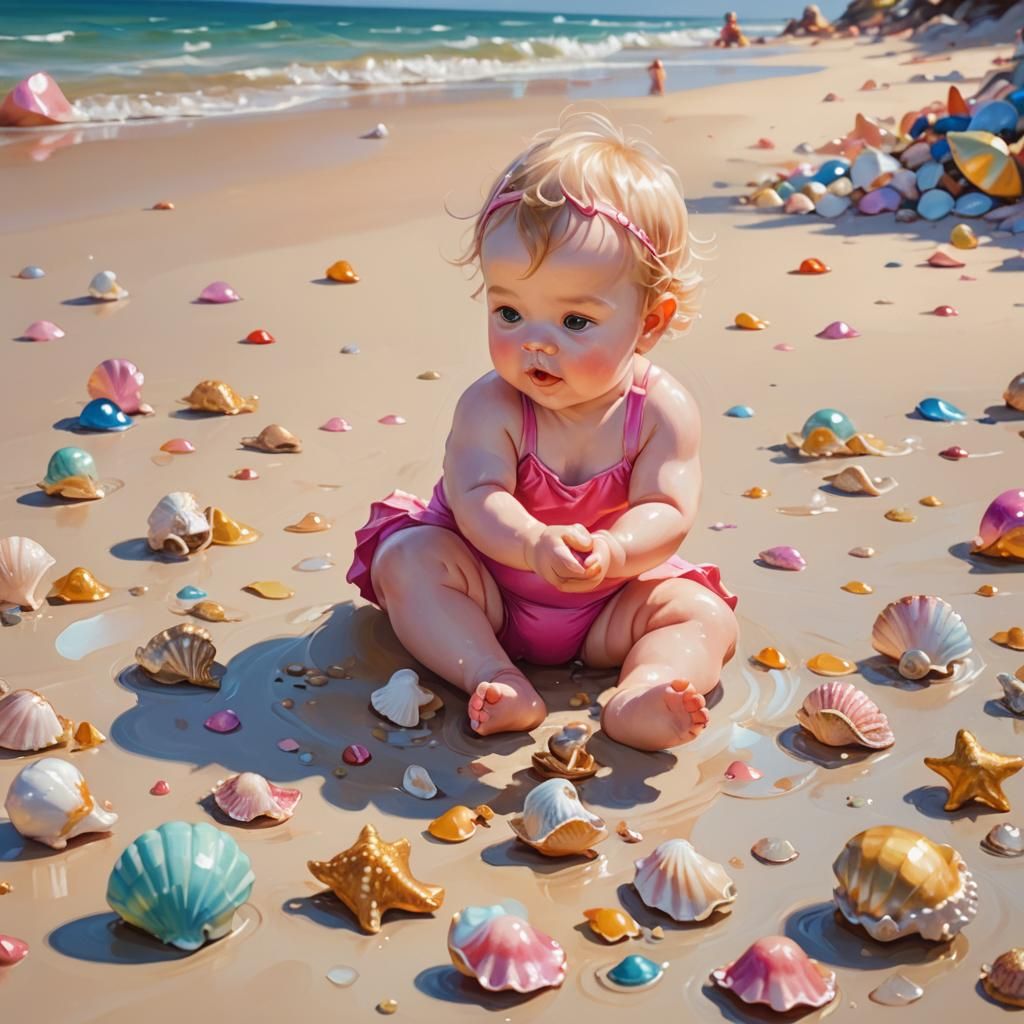 Baby on Beach in Art Nouveau Oil Painting