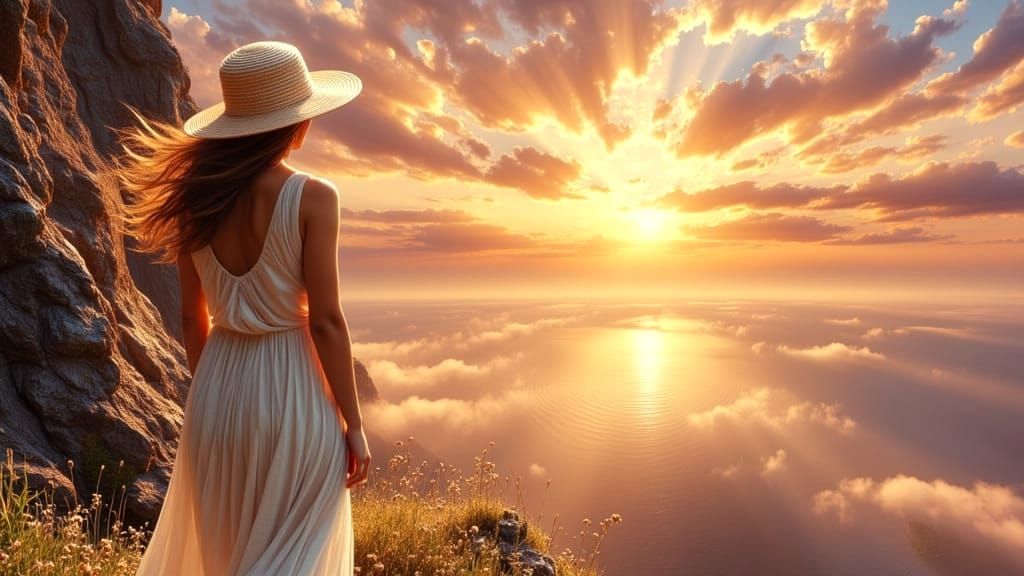 Woman Contemplating a Vibrant Sunset in an Iridescent Landsc...