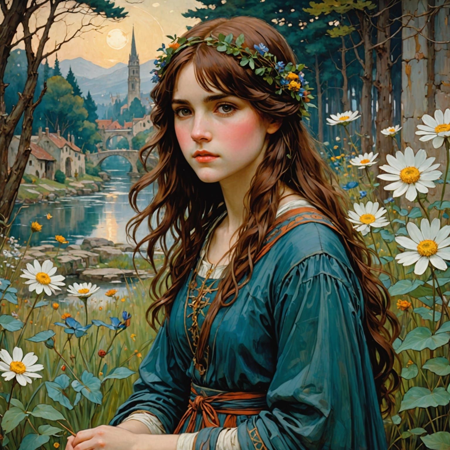 Surreal Waterhouse-Inspired Anime Girl Among Daisies