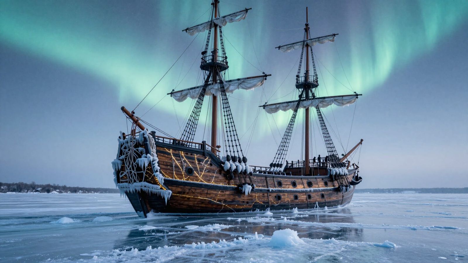 Majestic Galleon Navigates Frozen Sea with Kintsugi Repairs