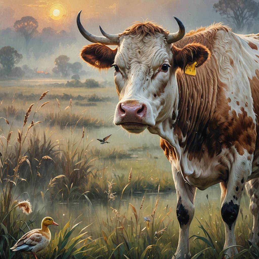 Cow with Duck Bill in Misty Meadow, Oil Painting