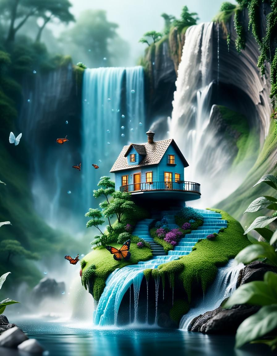 Tornado House by Waterfall: Hyperreal Studio Photo