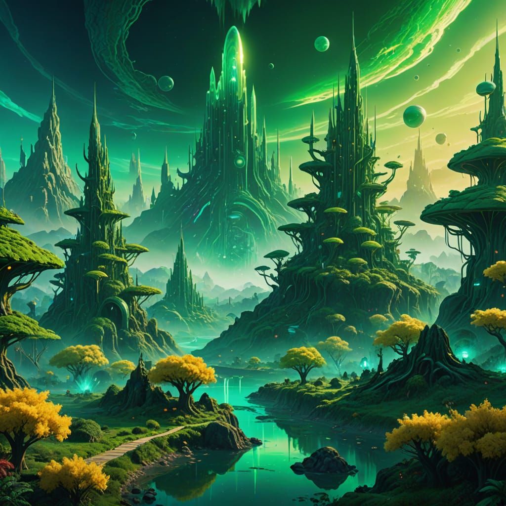 Alien City in Emerald Green Landscape: Oil Painting