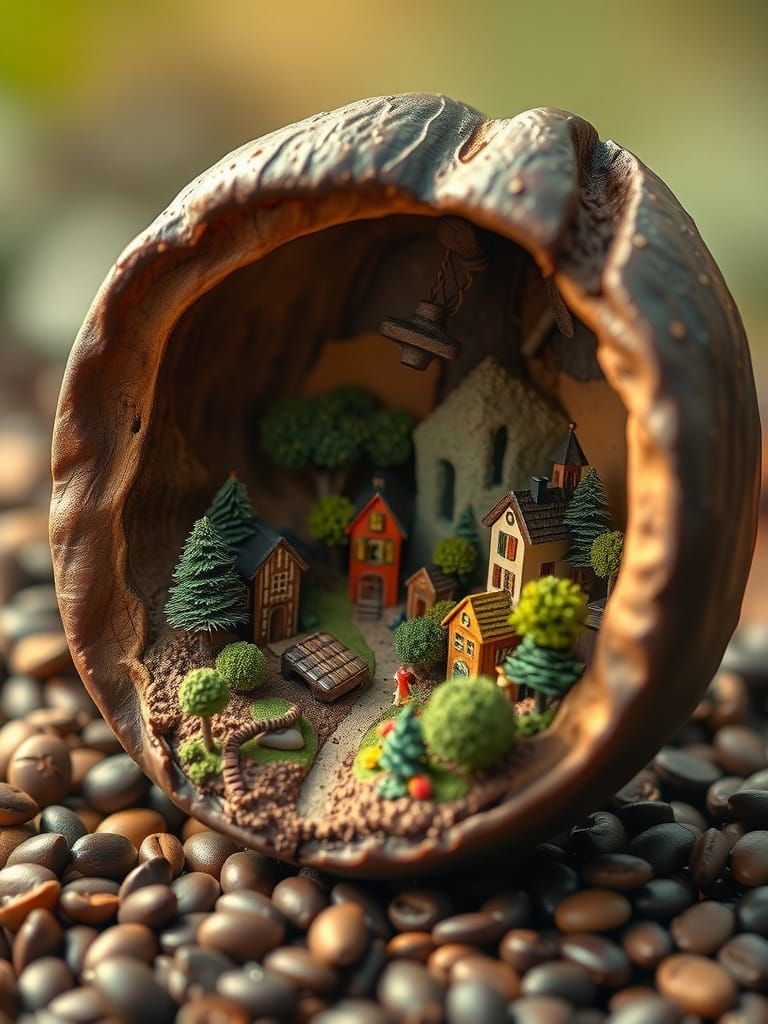 Miniature Village Inside Coffee Bean, Whimsical Art