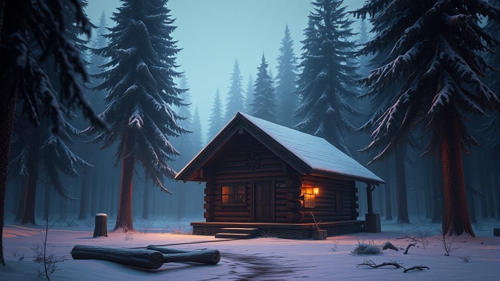 Dark Fantasy Log Cabin in Snowy Forest