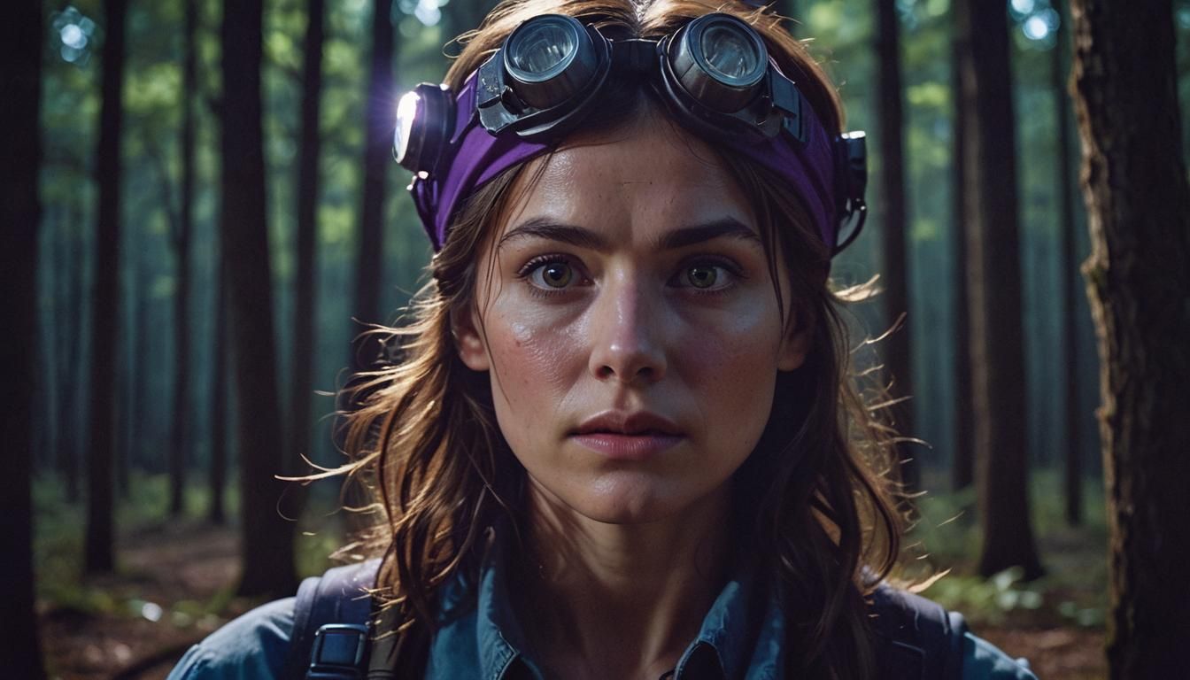 Cinematic Night Scene: Woman in Dark Woods