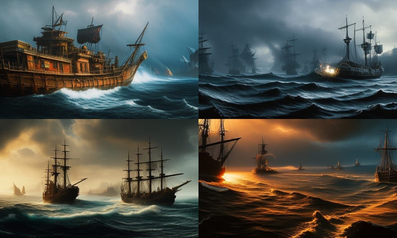 Metallic Pirate Shipwreck on Alien World: Oil Painting