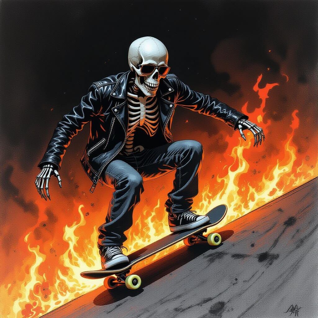 Skeleton Skateboarder in Fiery Inferno Charcoal Drawing
