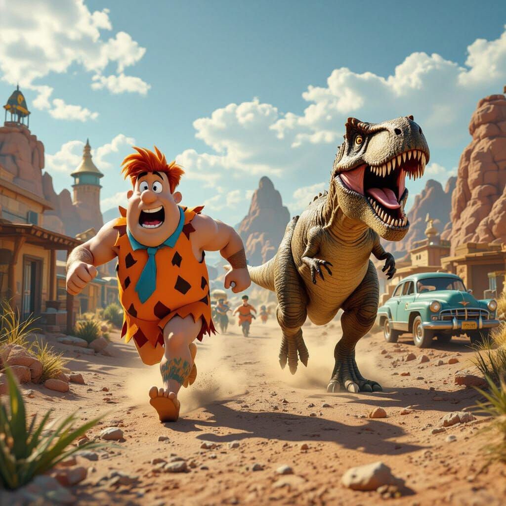 Flintstone Characters Flee T-Rex in Bedrock City