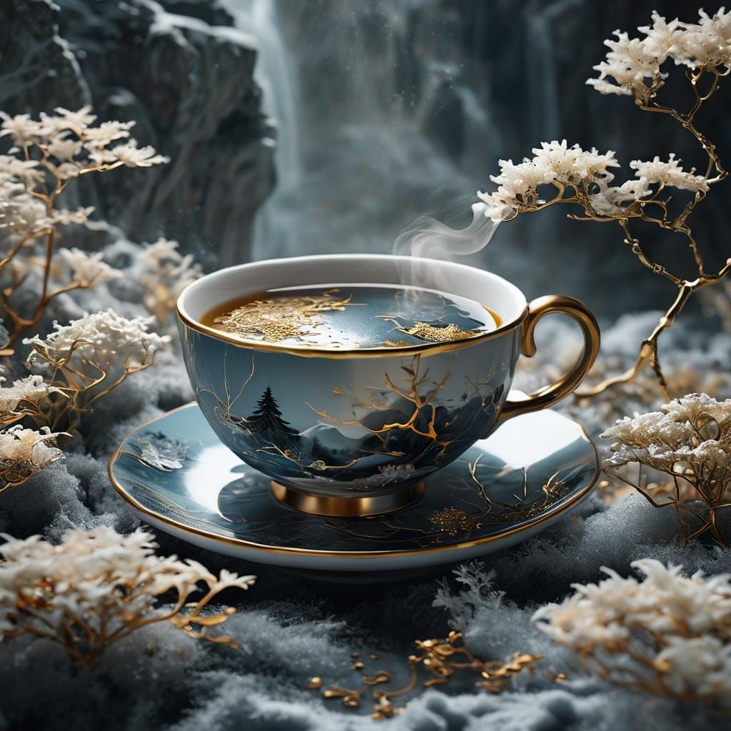 Kintsugi Teacup Winter Garden Landscape Digital Art