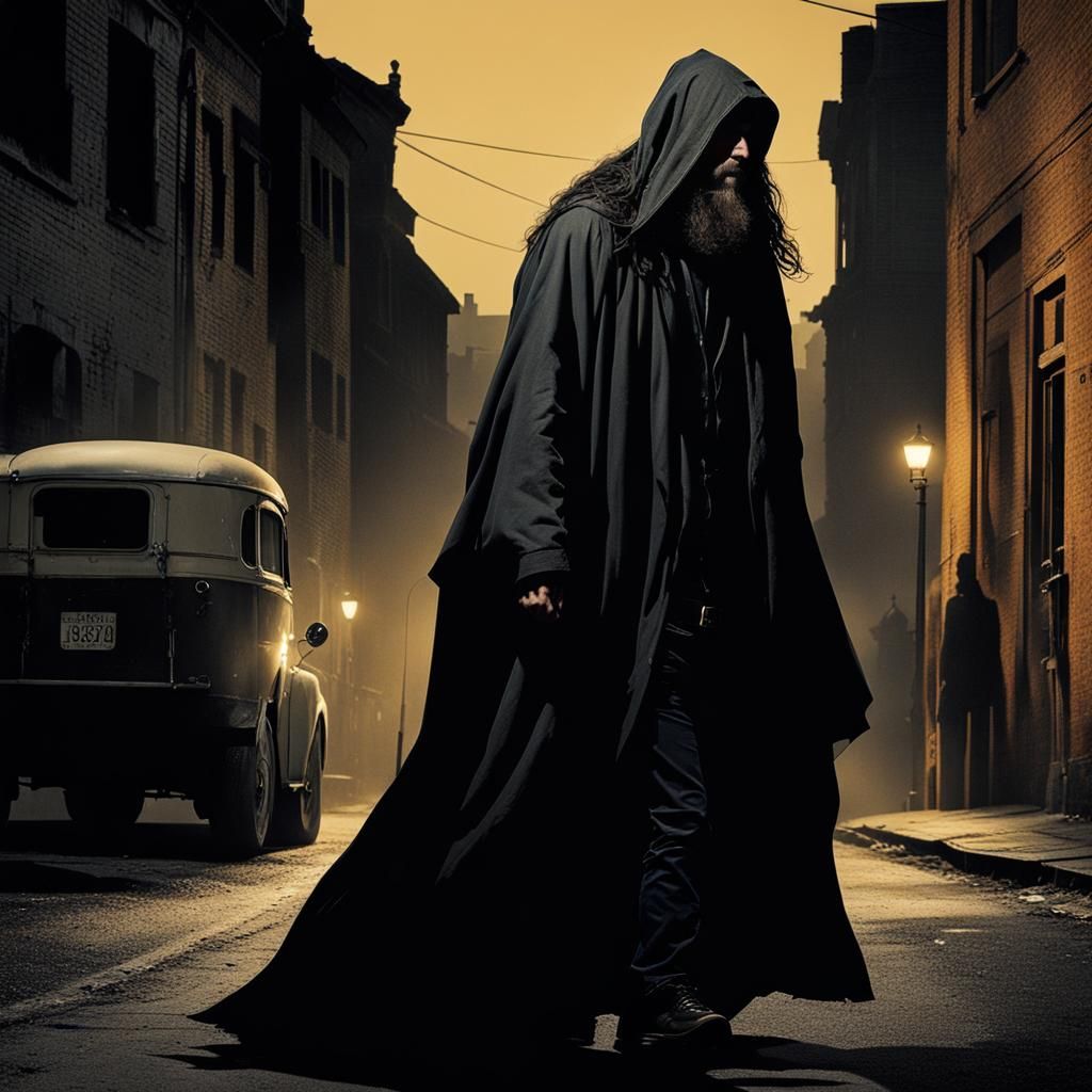 Cloaked Man Walking Down a Dimly Lit Street
