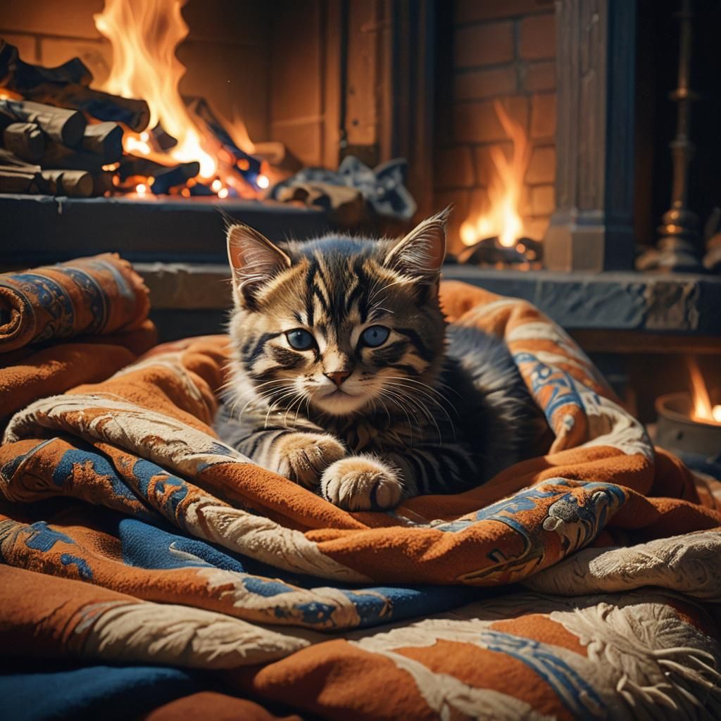 Kitten Sleeping by Fireplace in Art Nouveau Style