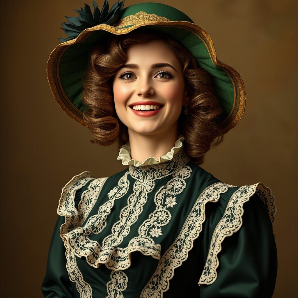 Elegant European Woman in Green Velvet Dress