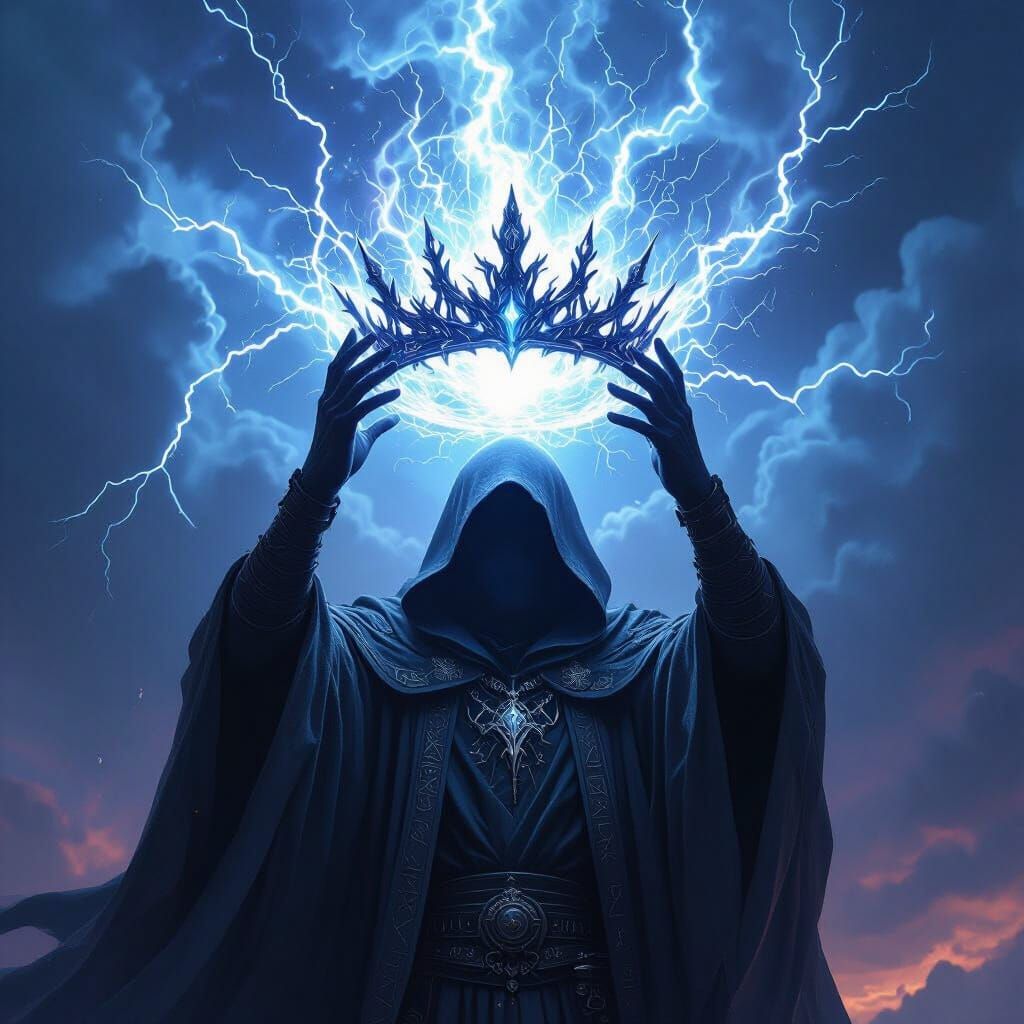 Sorcerer Holds Storm Crown in Dark Fantasy Art