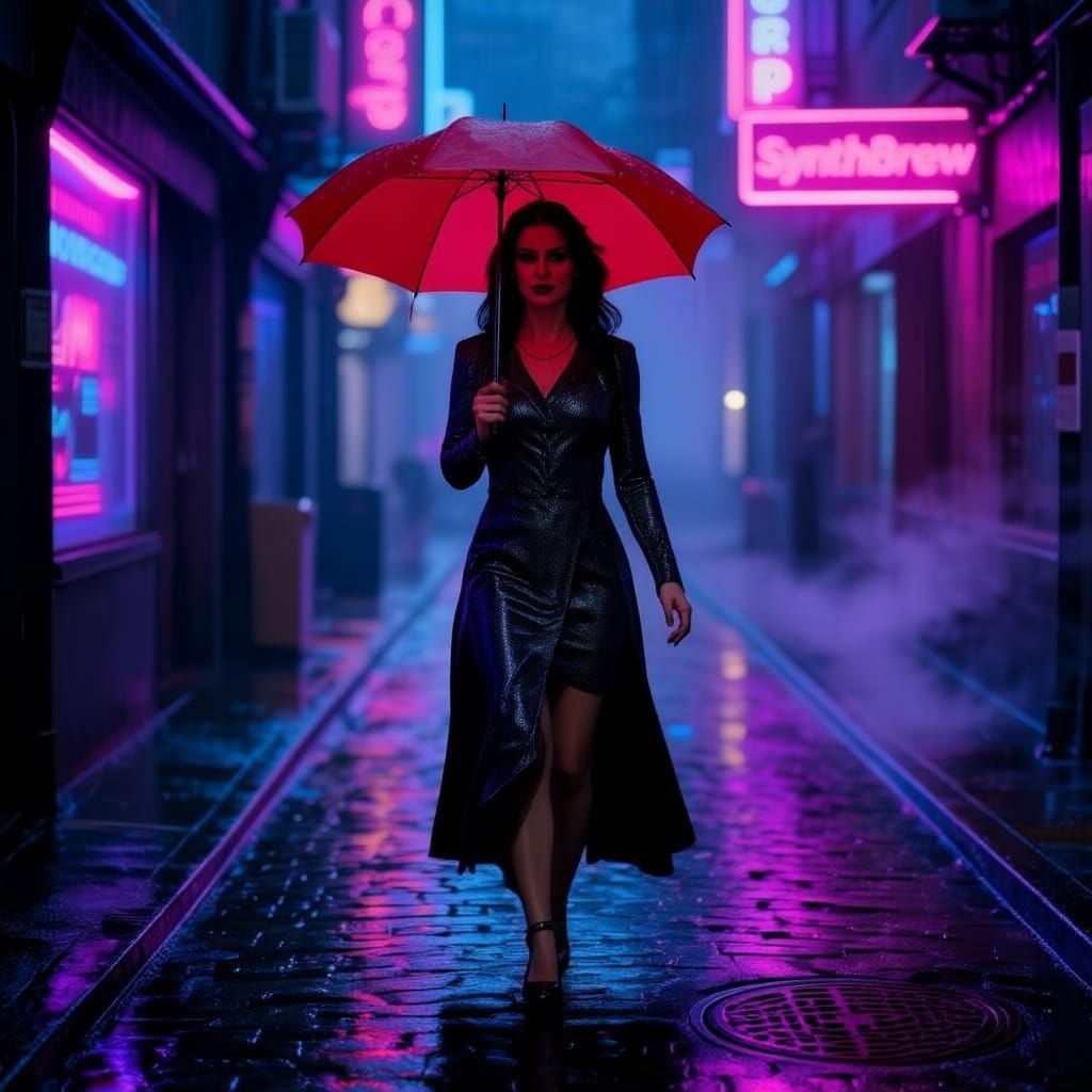 Neon-Drenched Alleyway in Gritty Neo-Noir Style