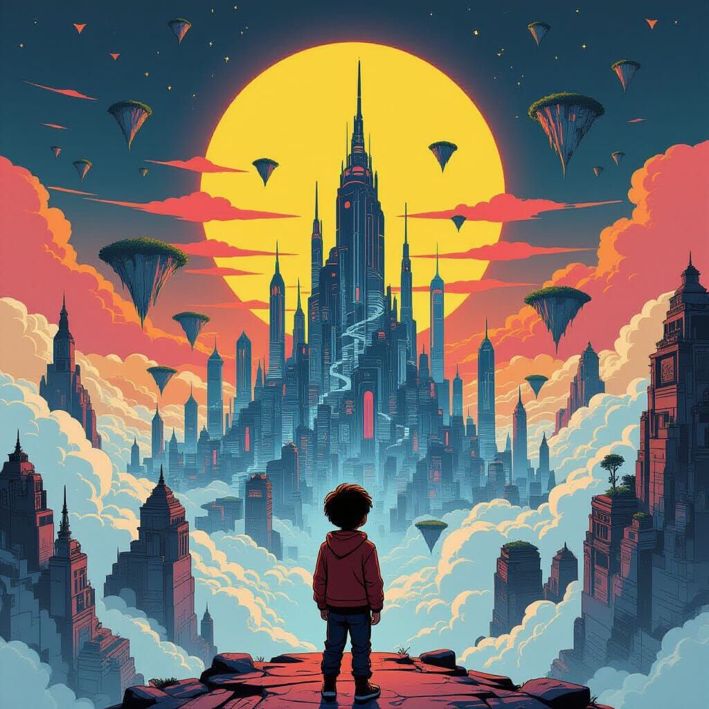 Boy on Precipice of Gravity-Defying Cityscape with Binary Su...