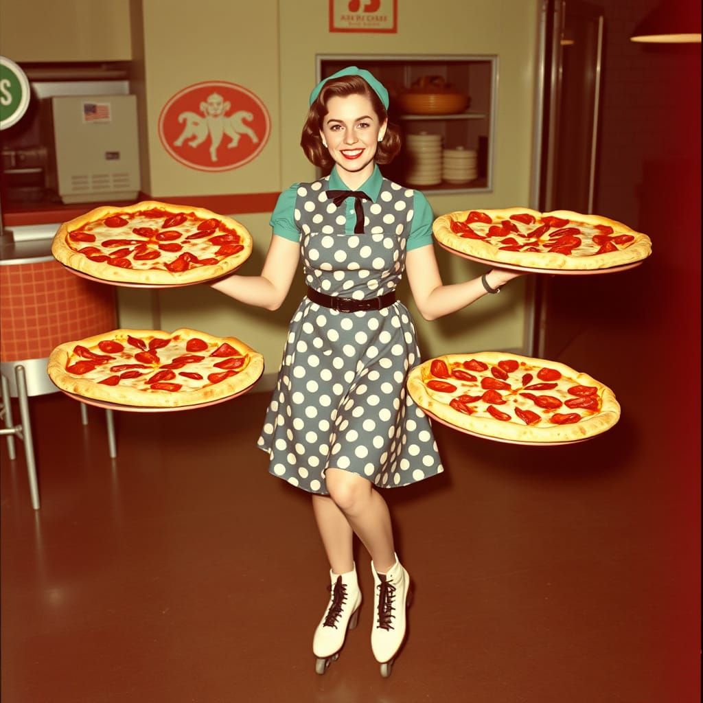 1950s Waitress on Roller Skates with Pizzas