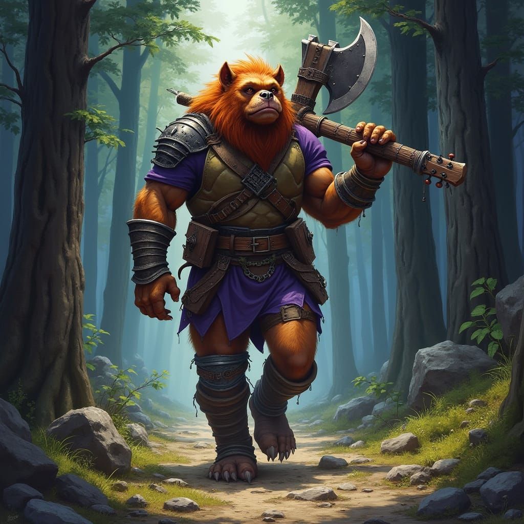 Bugbear Walks Through Forest with Axe-Guitar
