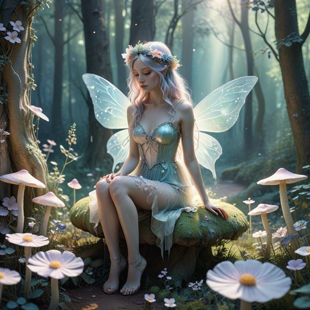 Whimsical Fairy in Delicate Flower Crown, Opalgrunge Fantasy...