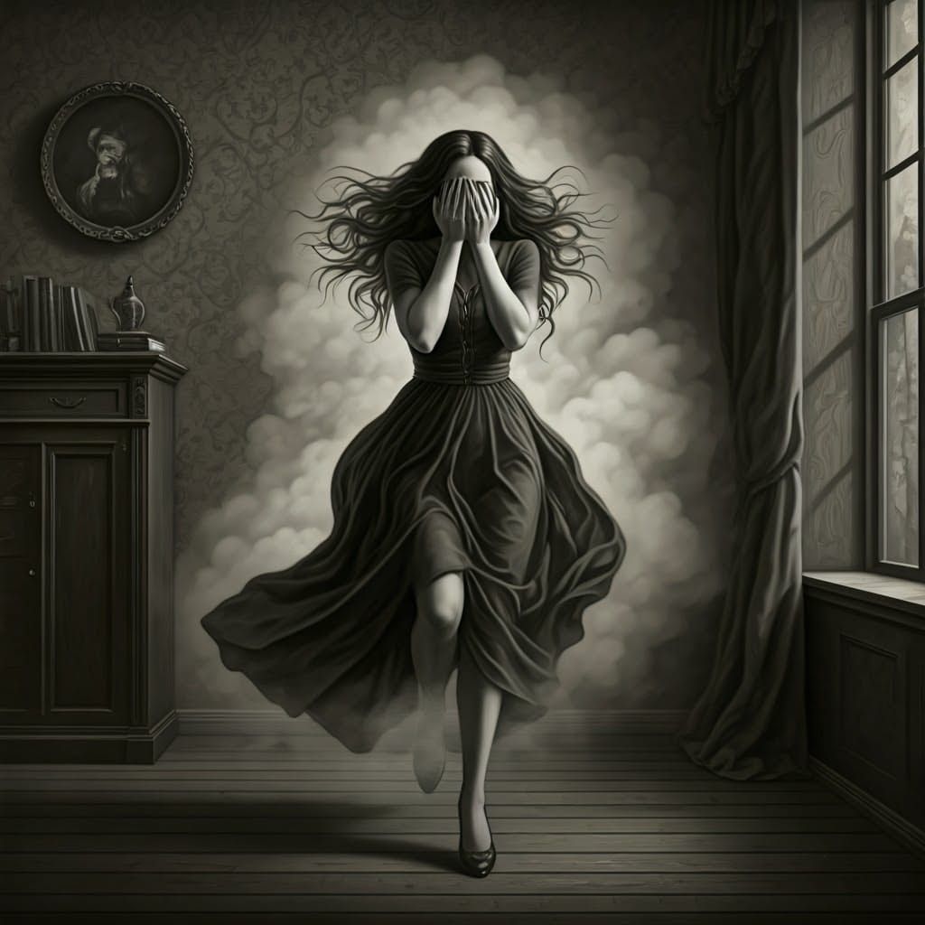 Ethereal Woman Runs Through Wall in Gothic Sci-Fi Style