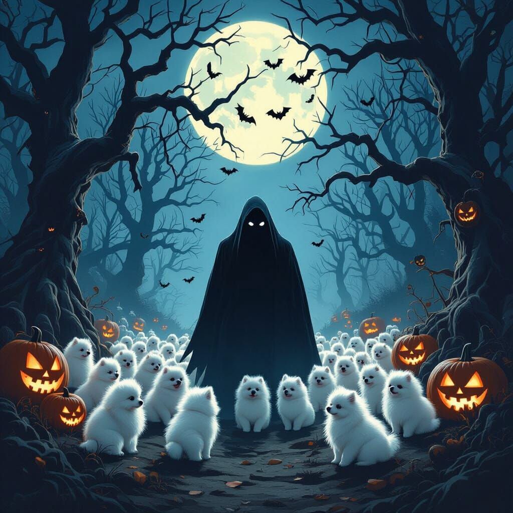 Ghostface and Pomeranians in a Spooky Campground