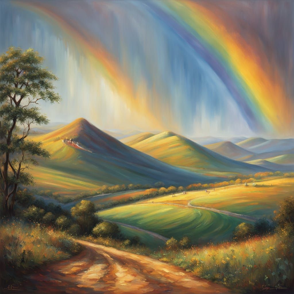 Vibrant Oil Painting of a Rainbow Over Rolling Hills