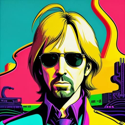 Tom Petty Portrait in Synthwave Neon Style