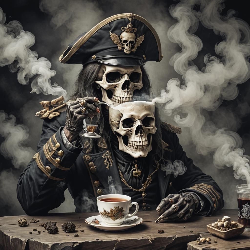 Skull Captain Enjoys Tea in Dark Art Style