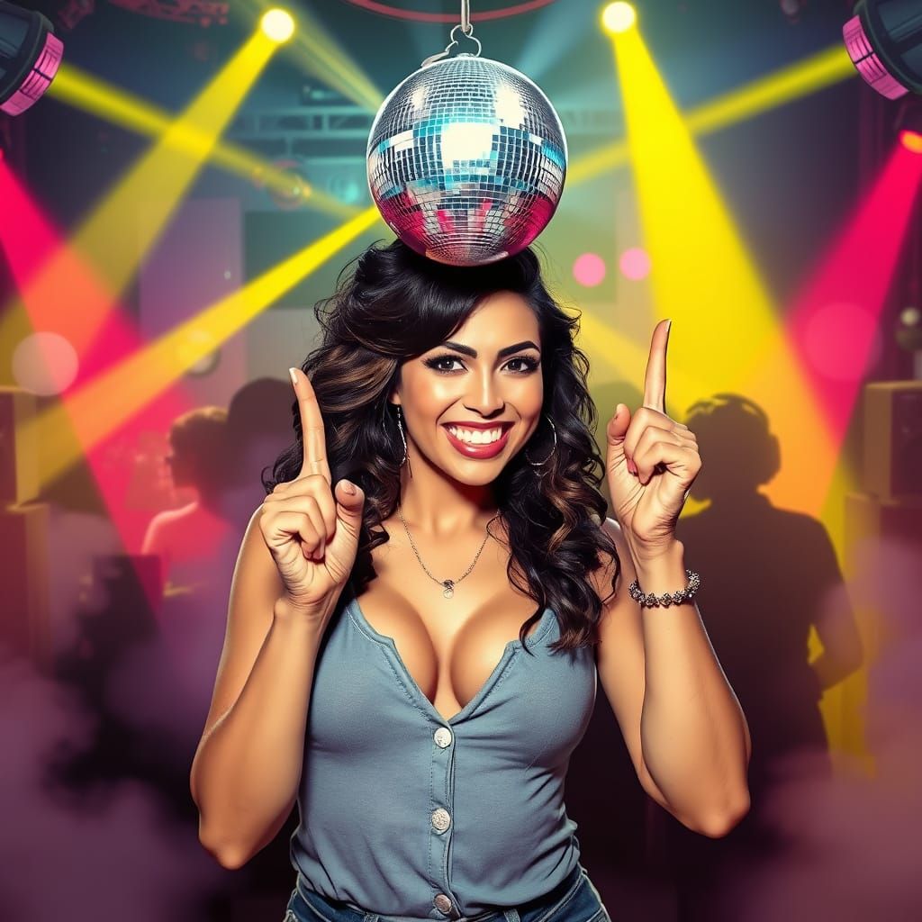 Vibrant Disco Queen Spins Sparkling Ball with Whimsical Flai...