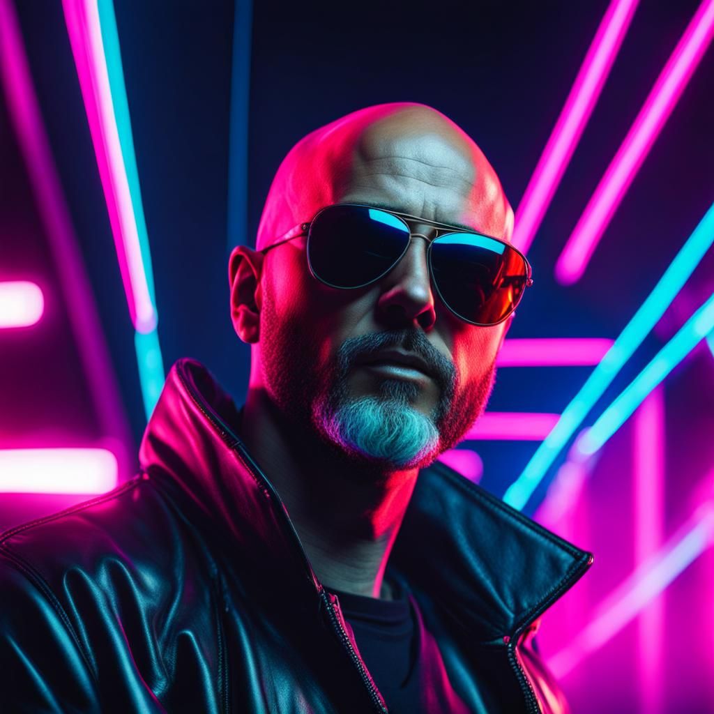 bald man in a neon world