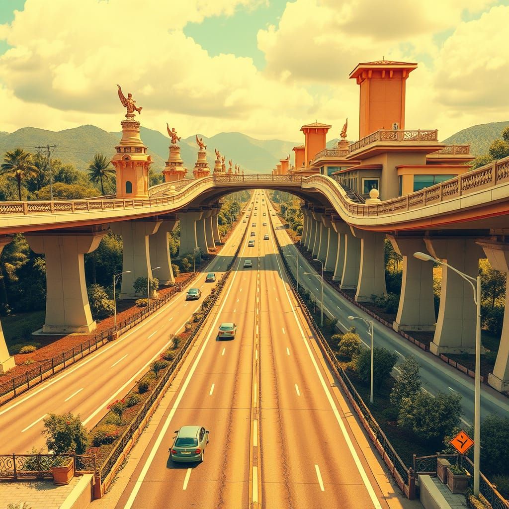 Symmetrical Motorway in Whimsical Wes Anderson Escher Style