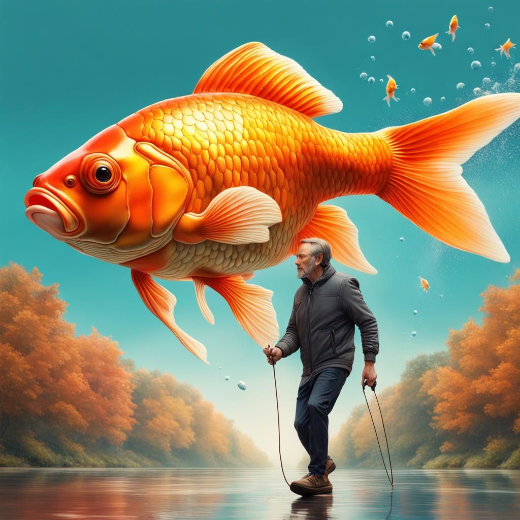 Man Walks Giant Goldfish: Hyperrealistic Splash Art