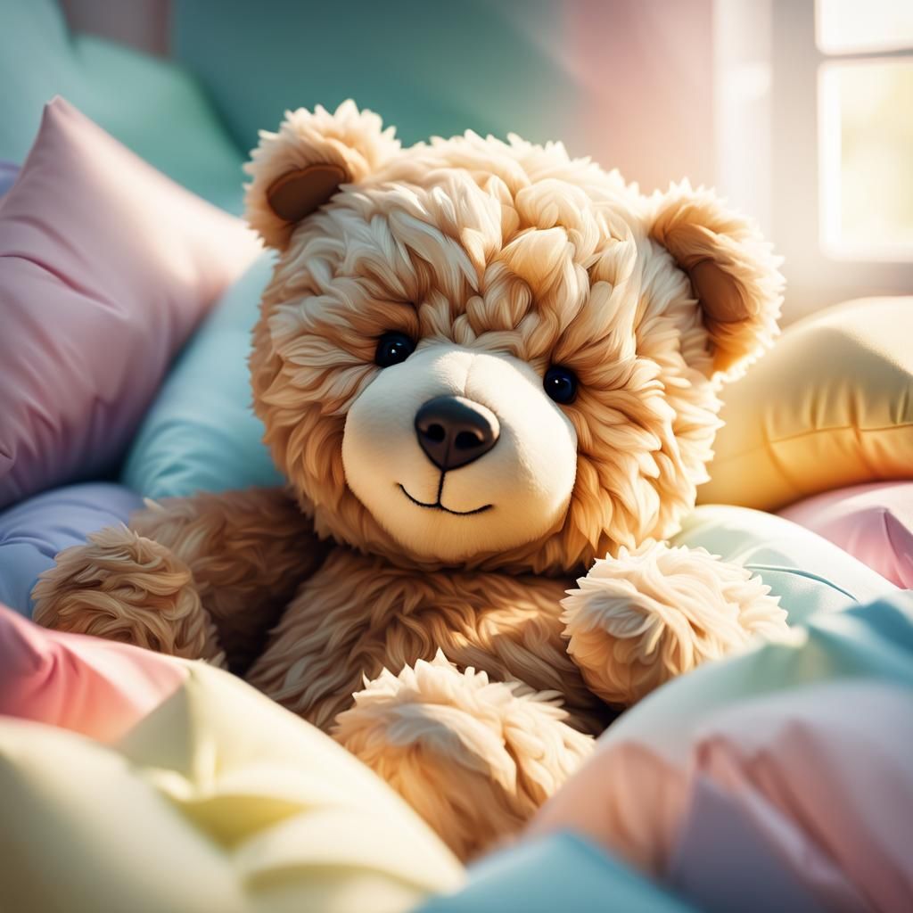A teddy bear in a bed full of pillows