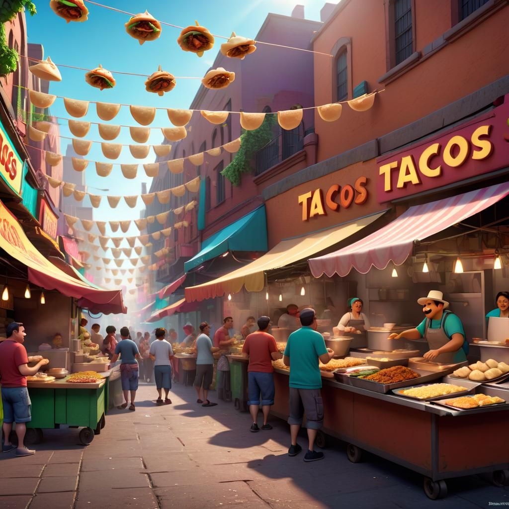 Vibrant Street Food Market in 3D Digital Art