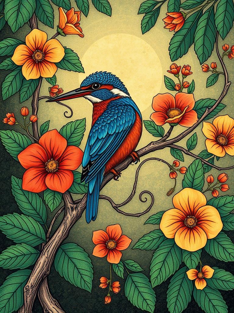 Kingfisher in Art Nouveau Style of Alphonse Mucha