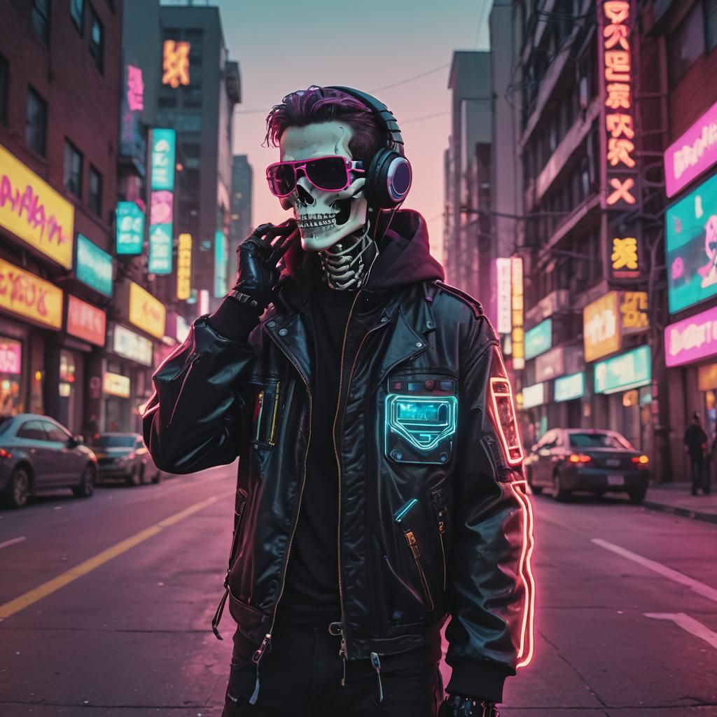 Neon Skeleton in Cyberpunk Cityscape